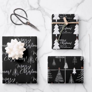 Black White Script Merry Christmas Tree Name  Wrapping Paper Sheet