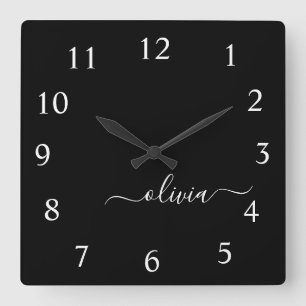 Black White Script Monogram Girly Name Square Wall Clock