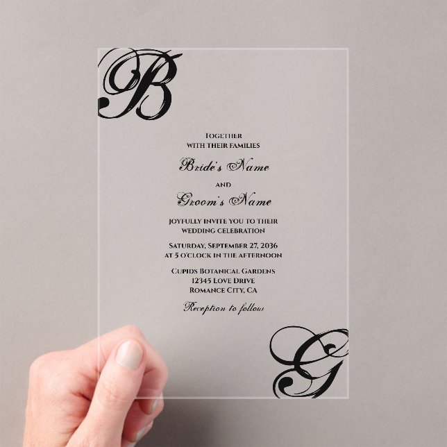 Black & White Script Monogram Wedding Acrylic Invitations (Insitu (Handheld))