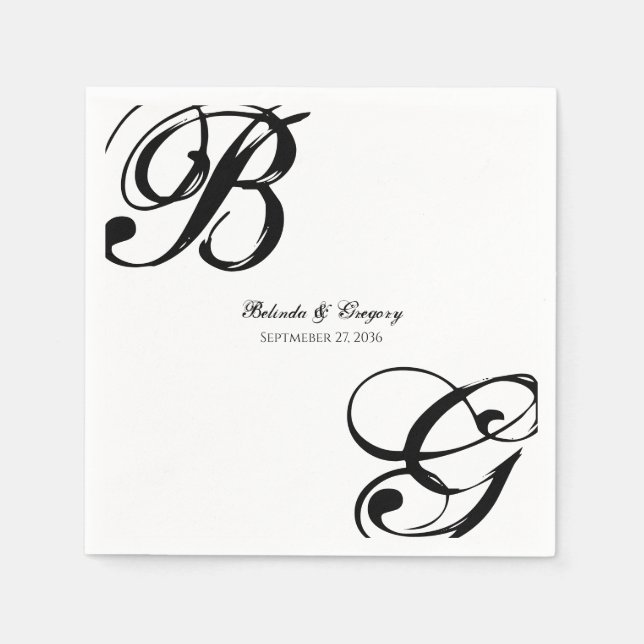 Black & White Script Monogram Wedding  Napkin (Front)