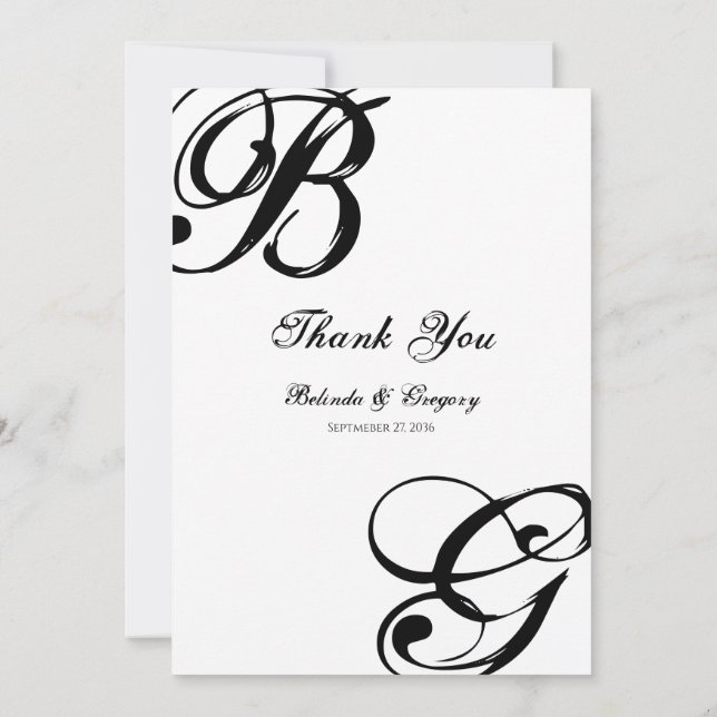 Black & White Script Monogram Wedding  Thank You Card (Back)