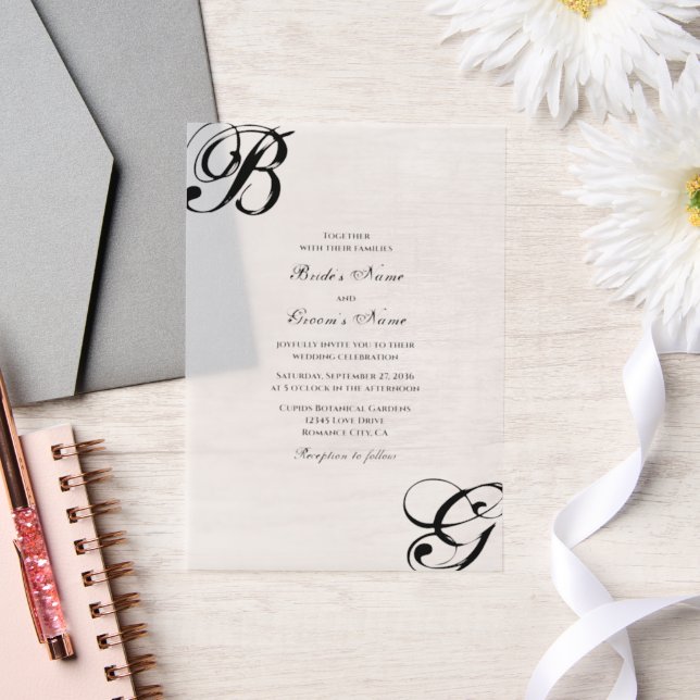 Black & White Script Monogram Wedding Vellum Invitations (Wedding)