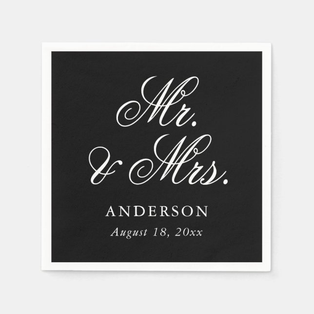 Black White Script Mr & Mrs Wedding Napkin (Front)