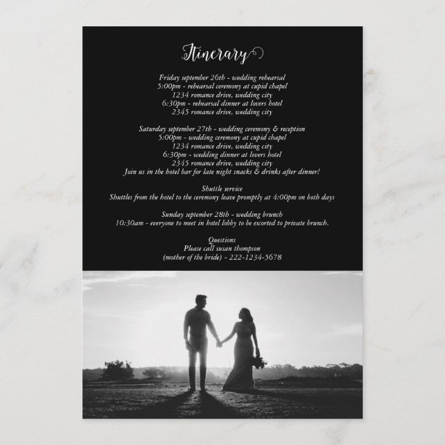 Black & White Script Photo Wedding Itinerary Program (Back)