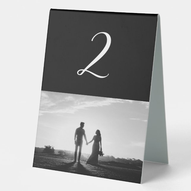 Black & White Script Photo Wedding Table Number (Front)