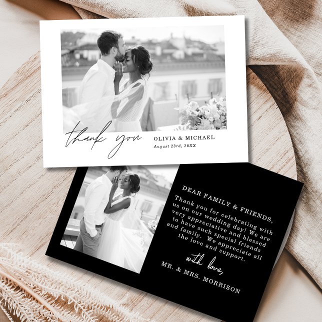 Black White Script Photo Wedding Thank You Card (Creator Uploaded)