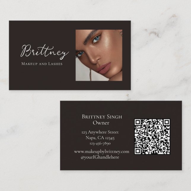 Black White Script QR Code Photo Makeup Business Card (Front/Back)