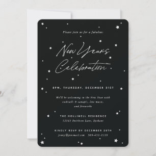 Black+White Script Scattered Stars New Year' Party Invitation