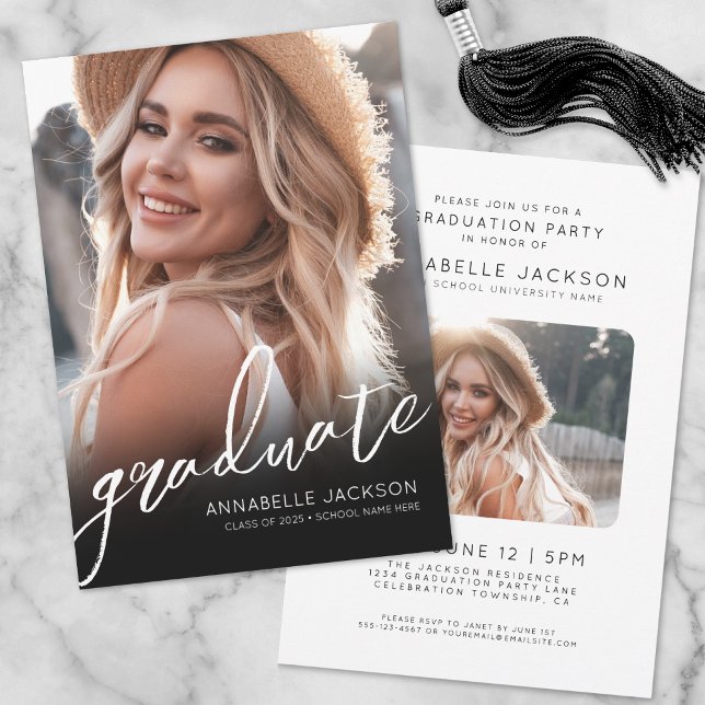 Black White Script Simple Photo Graduation Invitation (Black White Script Simple Photo Graduation Invitation)