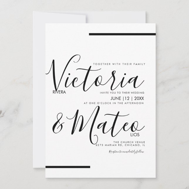 Black White Script Typography Line Wedding Invitation (Front)