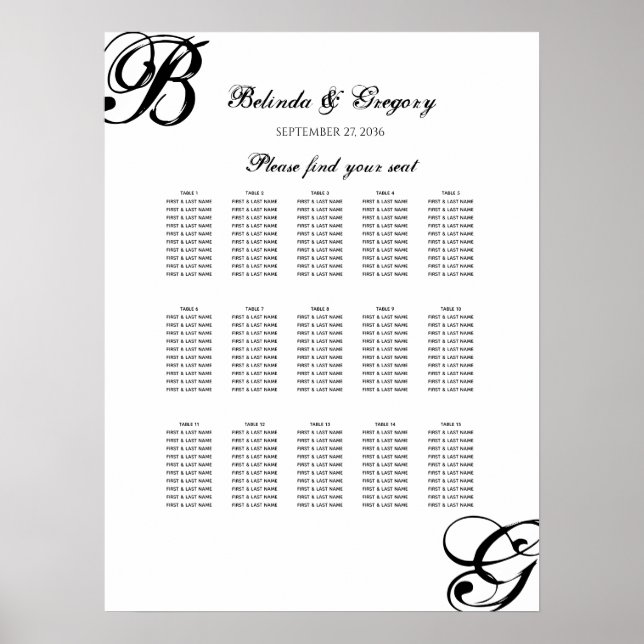 Black & White Script Wedding Seating Chart (Front)