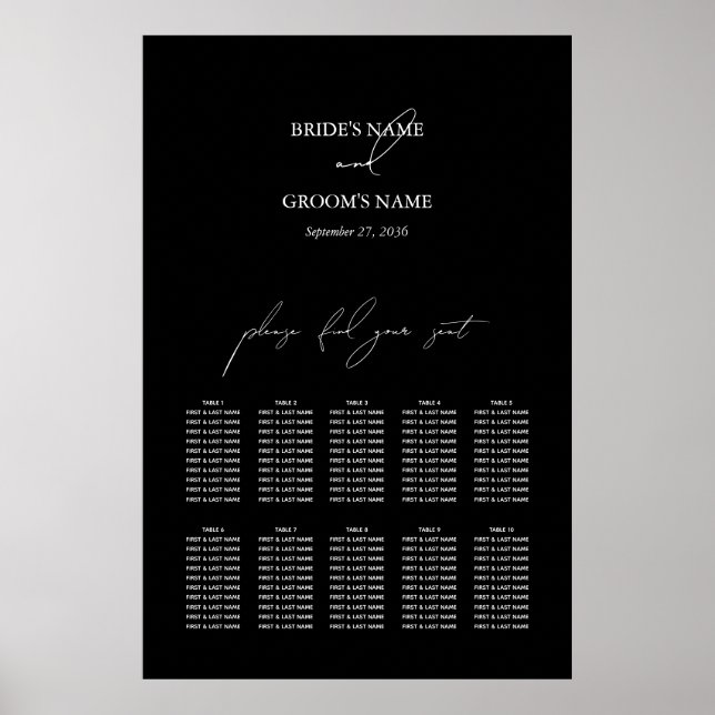 Black White Script Wedding Seating Chart (Front)