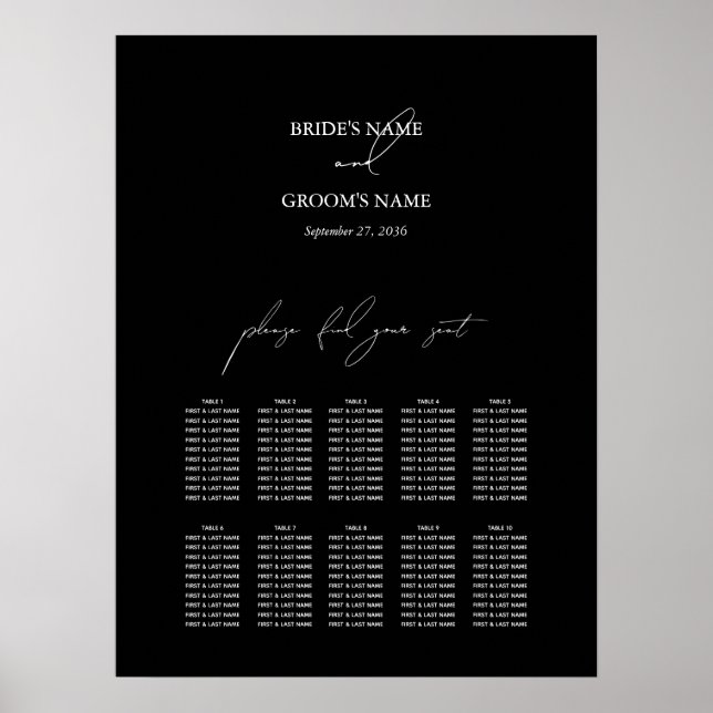 Black White Script Wedding Seating Chart (Front)