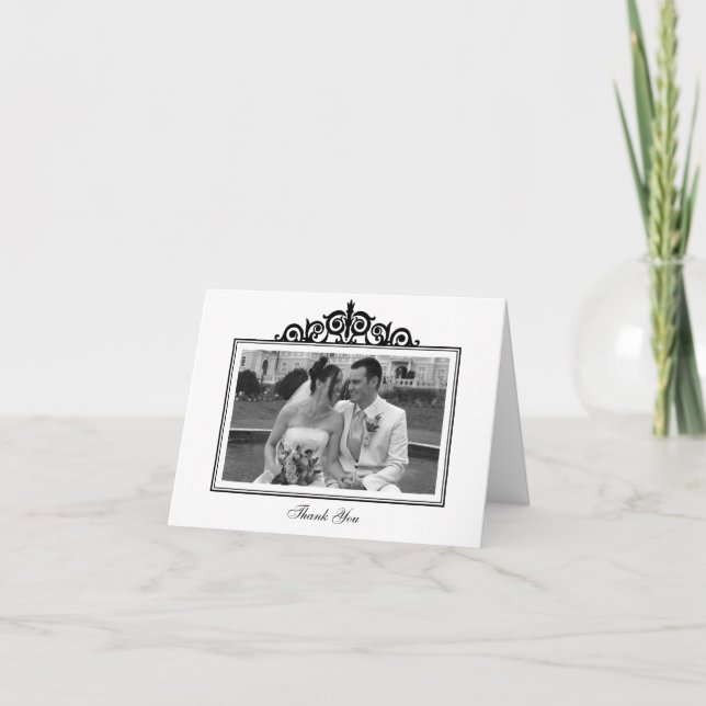 Black white scroll frame photo thank you note card (Front)