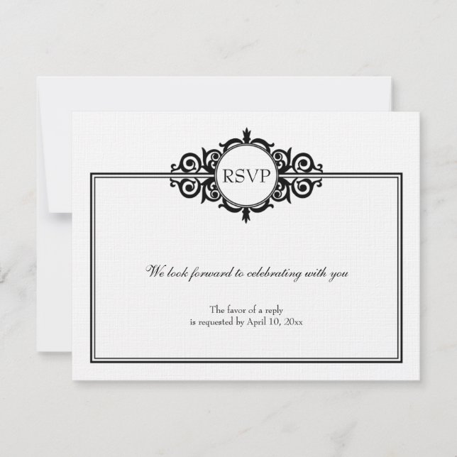 Black white scroll Victorian wedding rsvp response (Front)
