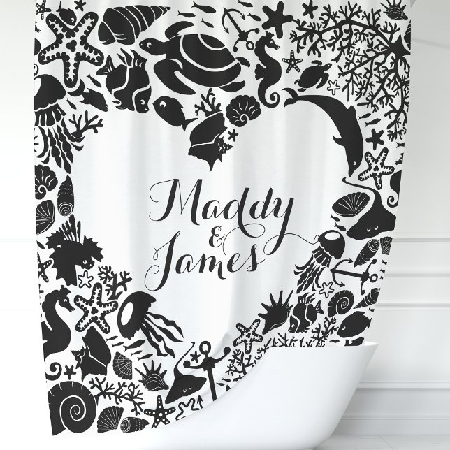 Black & White Sea Creatures Couples Heart Monogram Shower Curtain (Creator Uploaded)