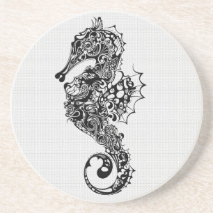 Black & White Sea Horse-Tattoo Art Coaster