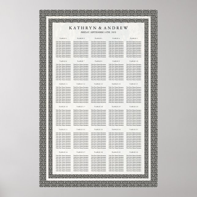 Black+White Seigaiha Wedding/Event Seating Chart (Front)