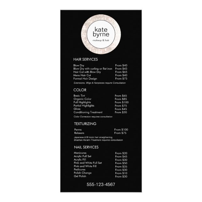 Black White Sequin Beauty Price List Service Menu (Front)