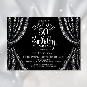Black White Sequin Curtain Surprise 50th Birthday Invitation