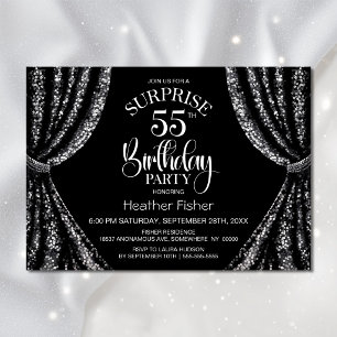 Black White Sequin Curtain Surprise 55th Birthday Invitation