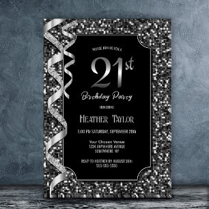 Black White Sequins 21st Birthday Party Invitation