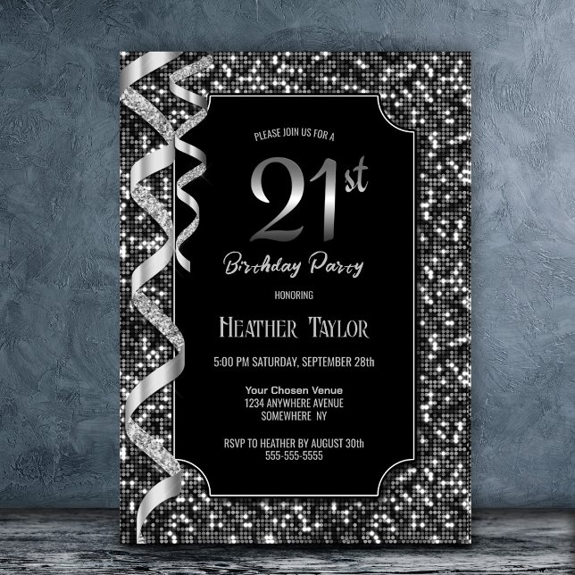 Black White Sequins 21st Birthday Party Invitation (Creator Uploaded)