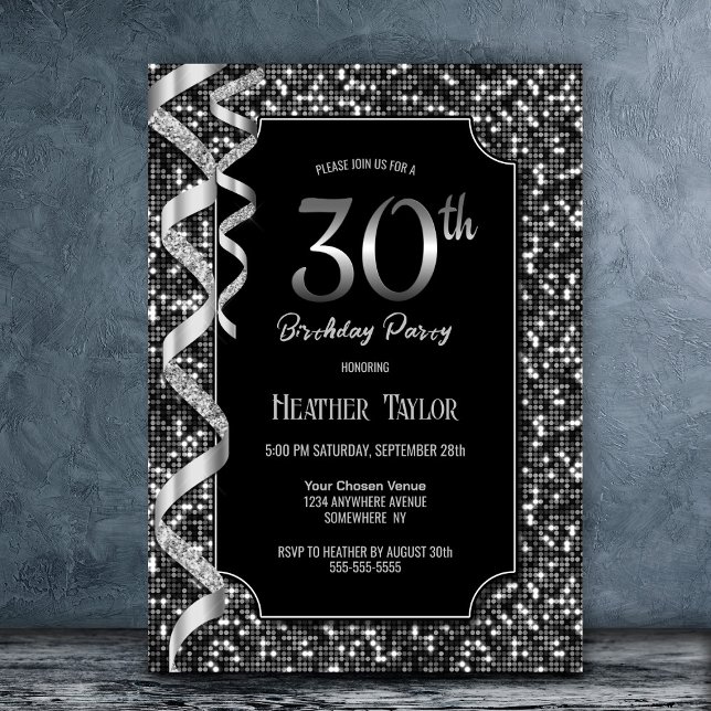 Black White Sequins 30th Birthday Party Invitation (Creator Uploaded)