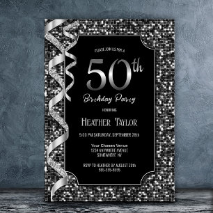 Black White Sequins 50th Birthday Party Invitation