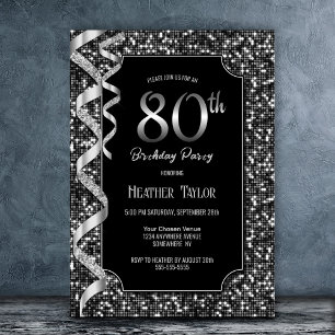 Black White Sequins 80th Birthday Party Invitation