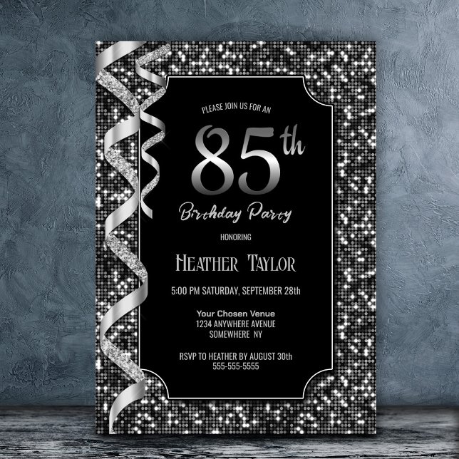 Black White Sequins 85th Birthday Party Invitation (Creator Uploaded)