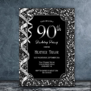 Black White Sequins 90th Birthday Party Invitation