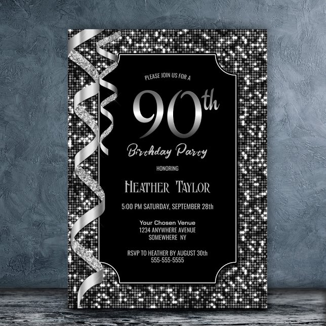 Black White Sequins 90th Birthday Party Invitation (Creator Uploaded)