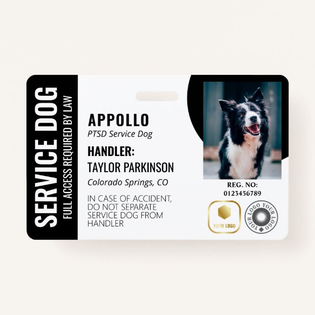 Black White Service Dog 2 Logos & Photo ID ID Badge (Front)
