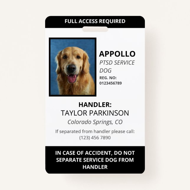 Black  White Service Dog Photo ID ID Badge (Front)