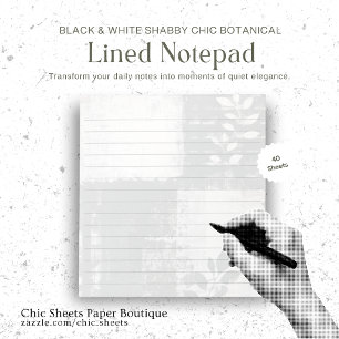 Black & White Shabby Chic Botanical Lined Notepad