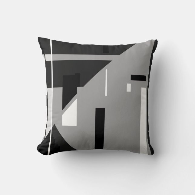 Black White Shapes on Grey Diagonal Pattern Cushion (Front)