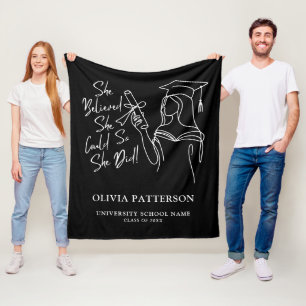 Black White She Believed She Could Graduation Fleece Blanket