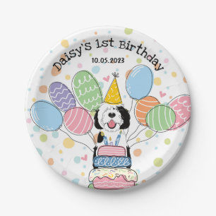 Black & White Sheepadoodle Dog Birthday  Paper Plate