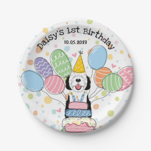 Black & White Sheepadoodle Dog Birthday Paper Plate