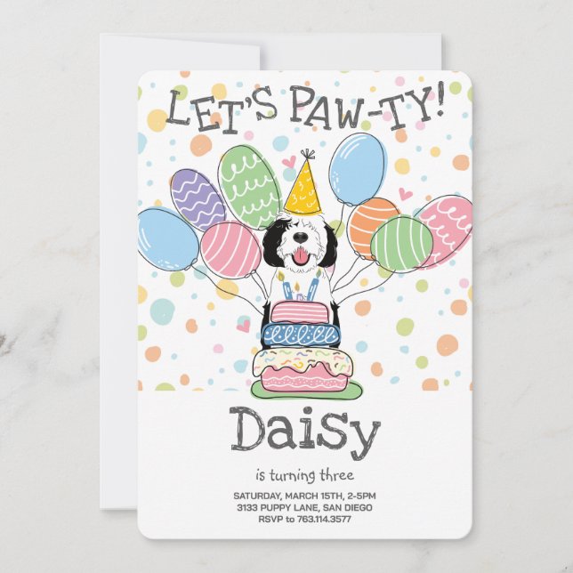 Black & White Sheepadoodle Dog Birthday Party  Invitation (Front)