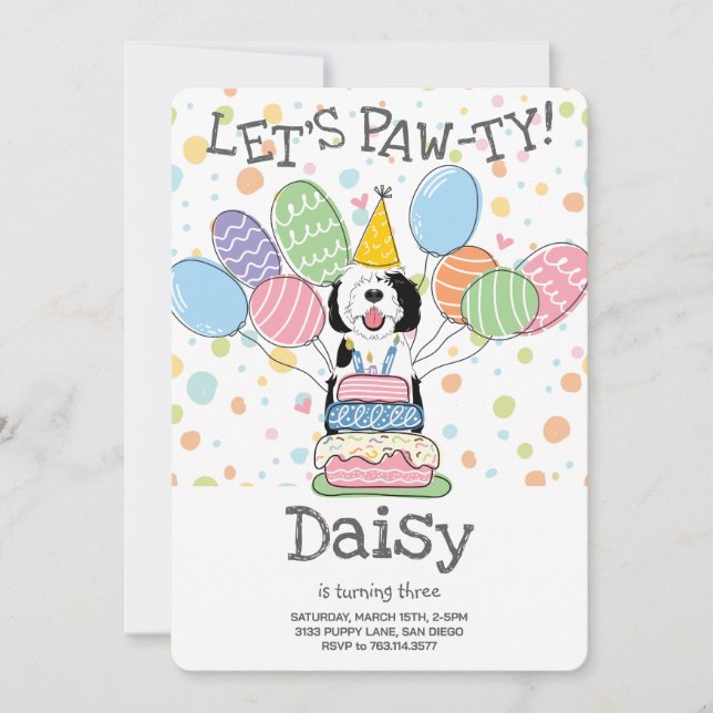 Black & White Sheepadoodle Dog Birthday Party  Invitation (Front)