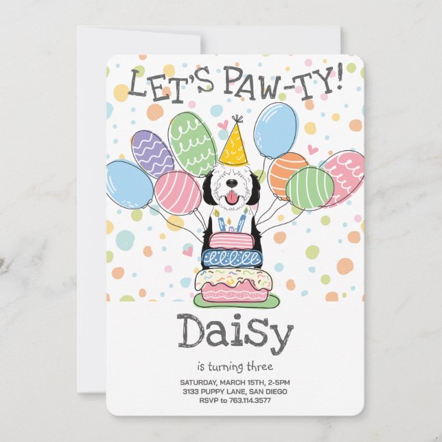 Black & White Sheepadoodle Dog Birthday Party  Invitation (Front)