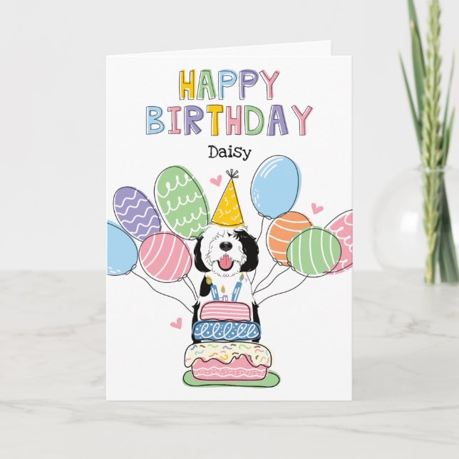 Black & White Sheepadoodle Dog Happy Birthday Card (Front)