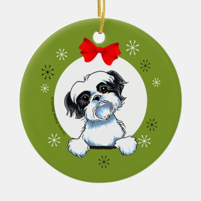Black White Shih Tzu Christmas Classic Ceramic Tree Decoration (Front)