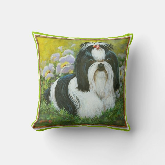 Black & White Shih Tzu in Garden Cushion (Front)