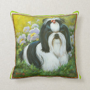 Black & White Shih Tzu in Garden Cushion