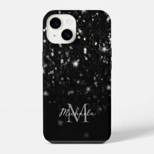 Black white shiny glitter sparkles ombre Monogram iPhone 14 Case
