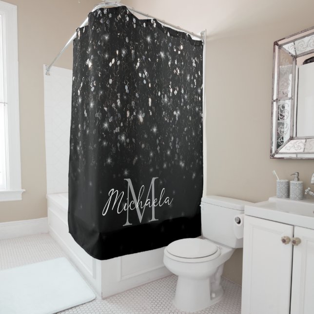 Black white shiny glitter sparkles ombre Monogram Shower Curtain (In Situ)