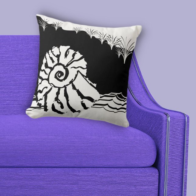 Black & White Shore Shell Sea Cushion (Coastal Black & White Shore Shell Sea Throw Pillow)